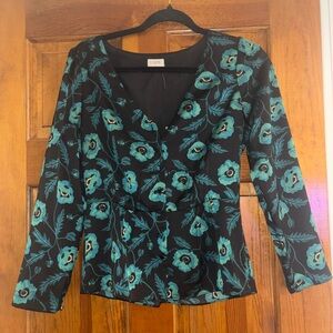 J. Crew Black & Blue Floral Fitted Buttoned Blouse